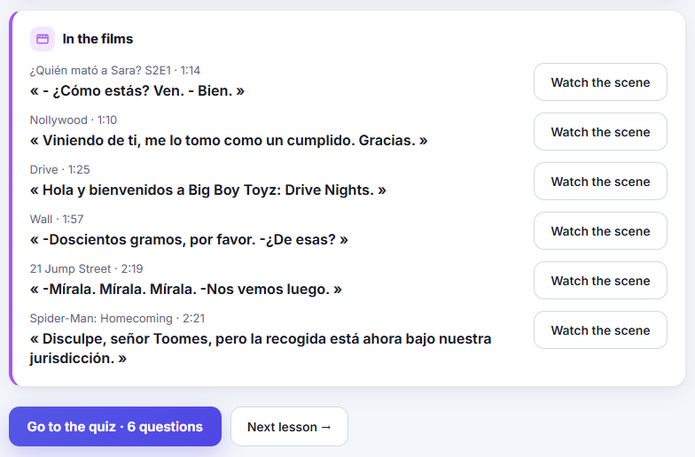 A lesson's 'In the films' section, listing real Spanish lines from Netflix titles with their timecodes and a button to watch each scene