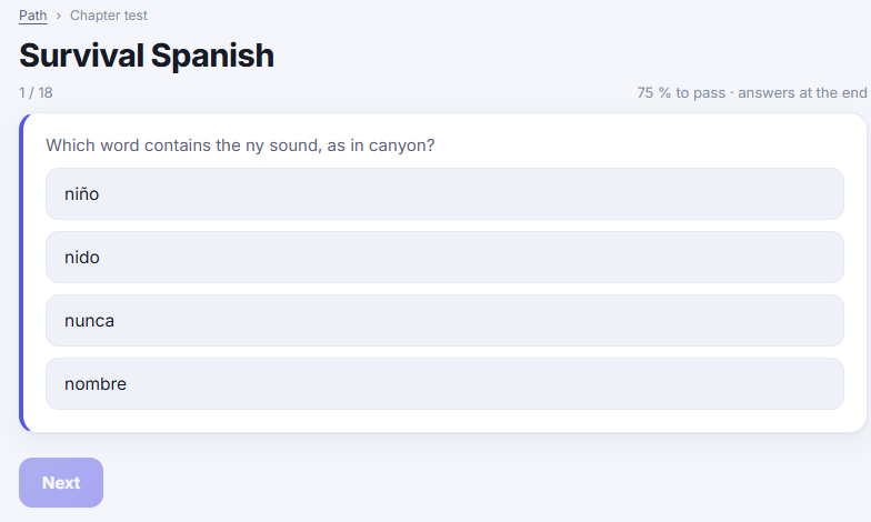 A chapter test in progress, question 1 of 18, with a 75 percent pass mark